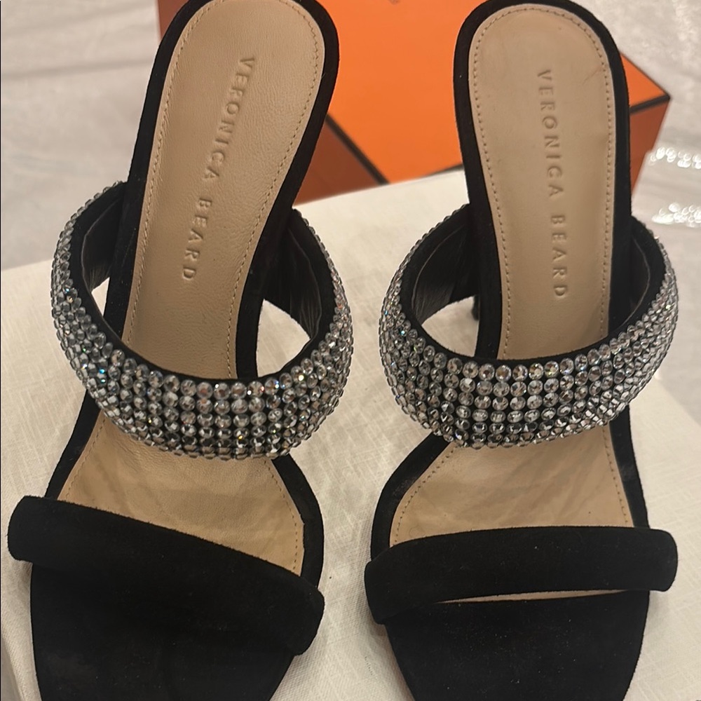 Veronica Beard Black Crystal-Embellished Suede Sandals